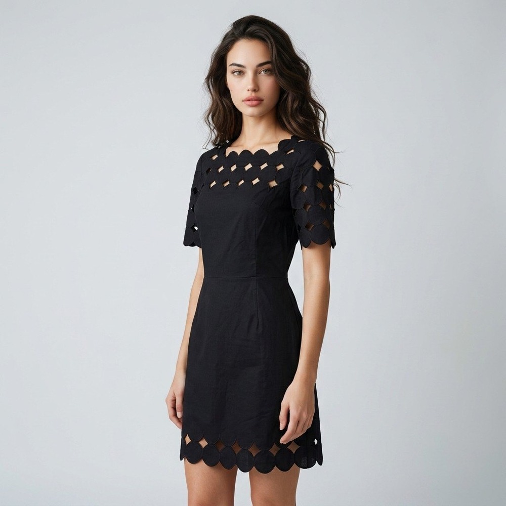 Anthropologie Black Laser Cut Scalloped Eyelet Sheath Dress Size 6 Open Back